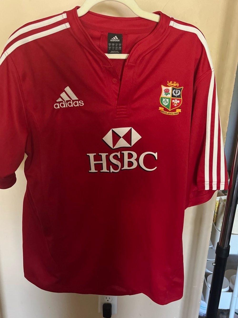 adidas Red Rugby Jersey with White Stripes & HSBC Logo